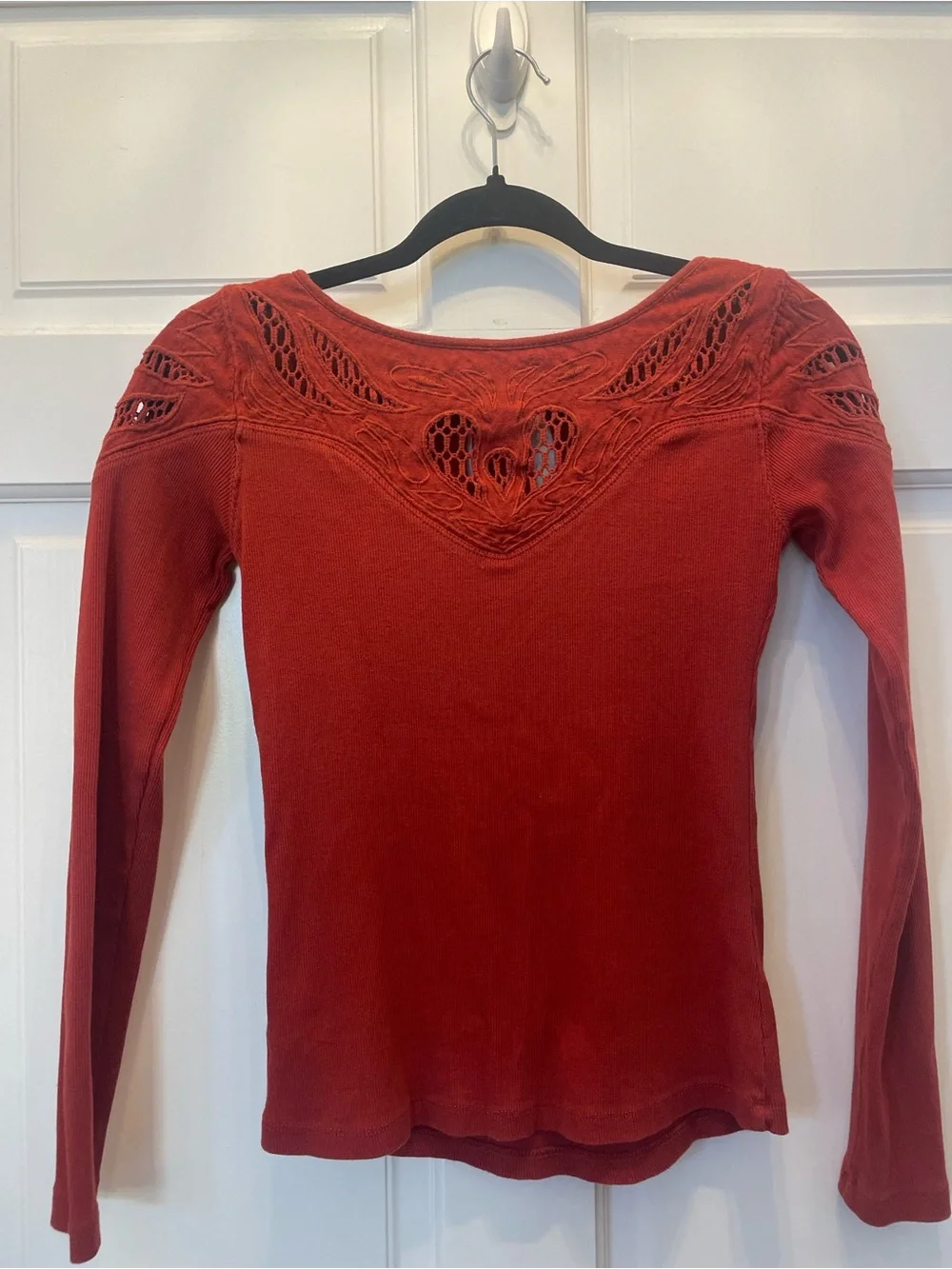 Free People Burnt Orange Long Sleeve Lace-Detail Ribbed Cotton Knit Keyhole Top